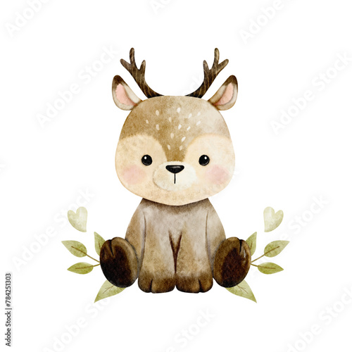 Vector cartoon watercolor of woodland animal with Deer sitting in leave and heart wreath for Baby Nursery Decor