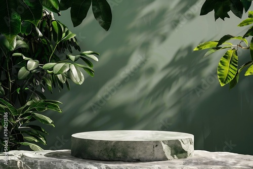 Generative AI : Natural stone and concrete podium in Natural green background  © The Little Hut