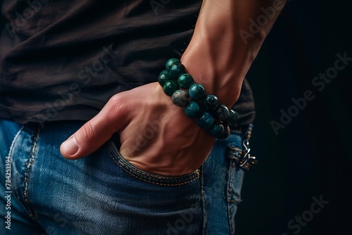 Generative AI : Cropped closeup shot of guy's hand with stony bracelet photo