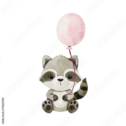 Vector cartoon watercolor of woodland animal with Raccoon holding pink balloon for Baby Nursery Decor