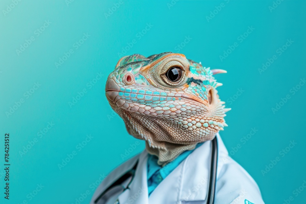 Close-up of a lizard in a white doctor's coat and stethoscope, against a teal background. Close-up of a lizard in a white doctor's coat and stethoscope, against a teal background.