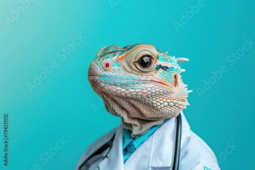 Close-up of a lizard in a white doctor's coat and stethoscope, against a teal background.