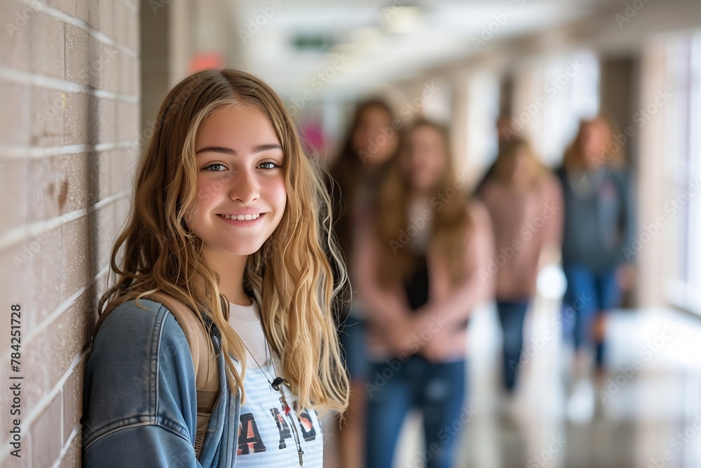 Fototapeta premium Generative AI : Happy teenage girl in hallway at high school looking at camera. 