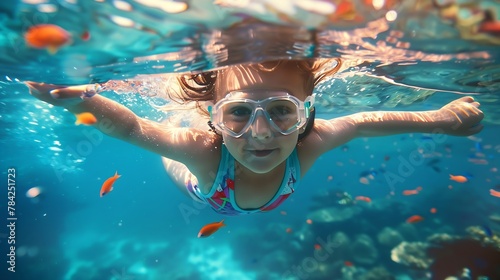 Generative AI : Split underwater photo of a little girl swimming in tropical ocean