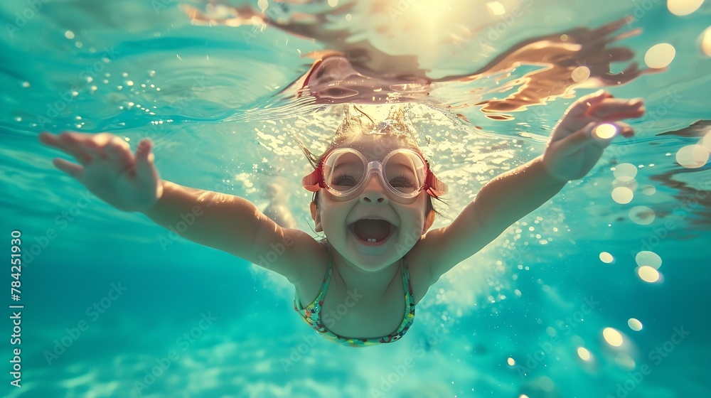 Naklejka premium Generative AI : Photo of happy baby girl jump, dive underwater with fun in tropical lagoon pool. 