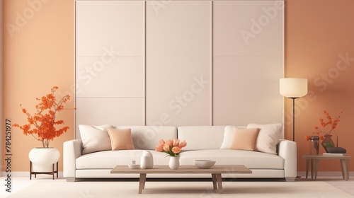 A sophisticated lounge design featuring a sleek white sofa against a soft peach 3D wall  exuding modern elegance and comfort.