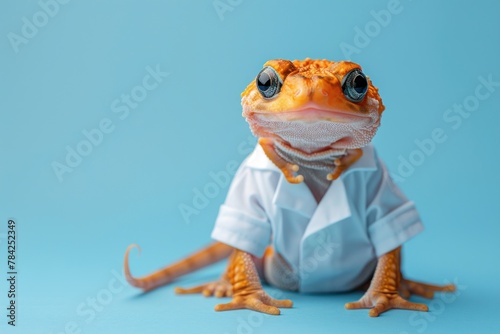 A newt wearing a white doctor's coat with a stethoscope against a blue background.