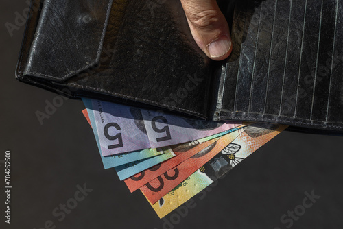 Close-up of Australian dollar banknotes displayed partially out of a black wallet in the sun, being held on hand, the thumb finger visible. photo