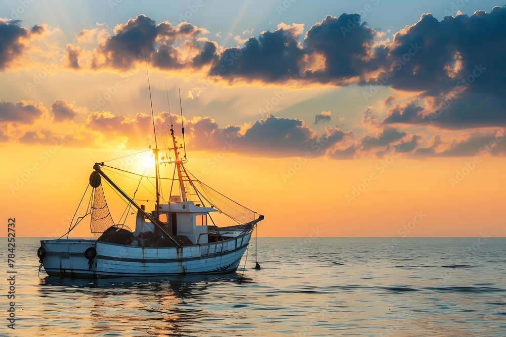 Generative AI : A beautiful Sunset seen the fishing boat