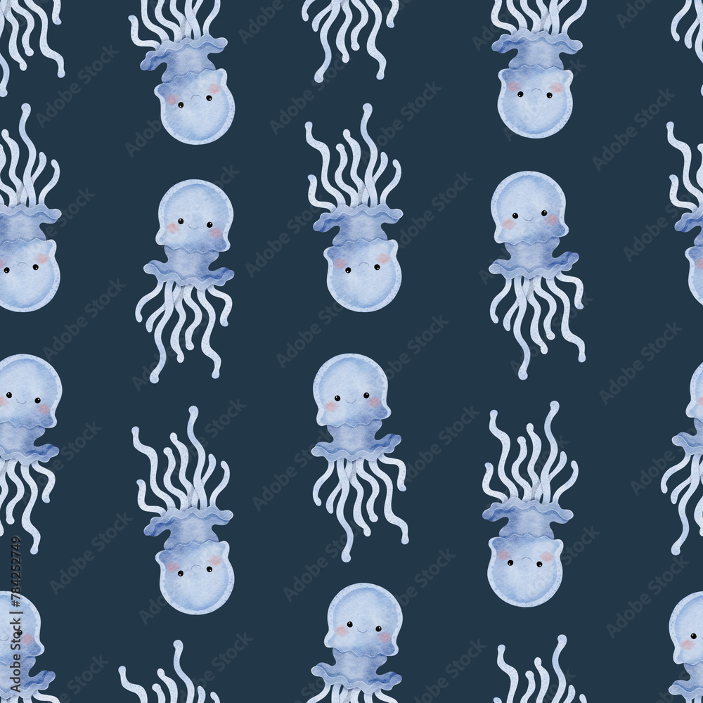 Fototapeta premium Cute Jellyfish Seamless Pattern on navy blue background illustration