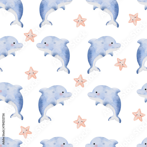 Cute Dolphin Seamless Pattern on white background illustration