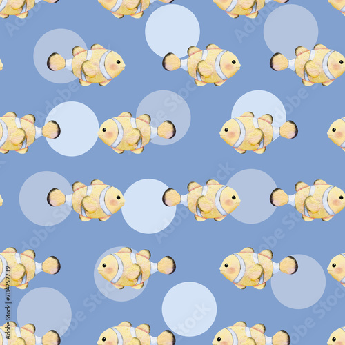 Cute Clownfish Seamless Pattern on blue gray background illustration