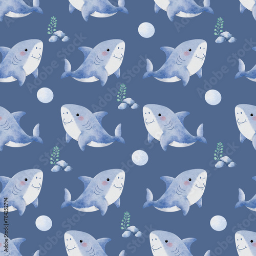 Cute Shark Seamless Pattern on blue gray background illustration
