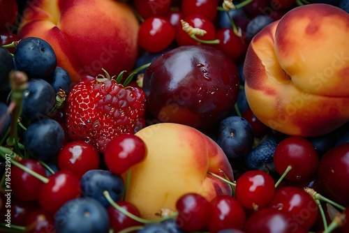 Generative AI : Close up of mixed summer fruit: berries, peaches, cherries