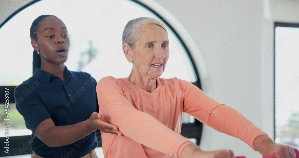 Old woman, physiotherapy and dumbbell arms exercise for rehabilitation or mobility consultation, recovery or joint pain. Elderly person, assessment and muscle injury or wellness, progress or support