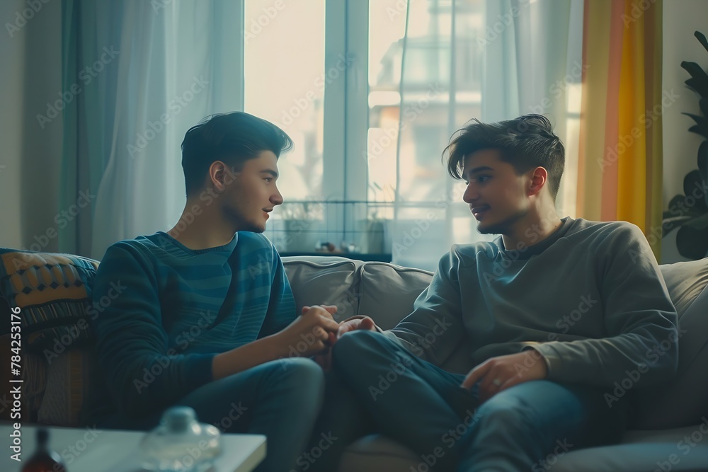 Obraz premium Generative AI : Two young male friends talking and chatting while sitting on sofa at home