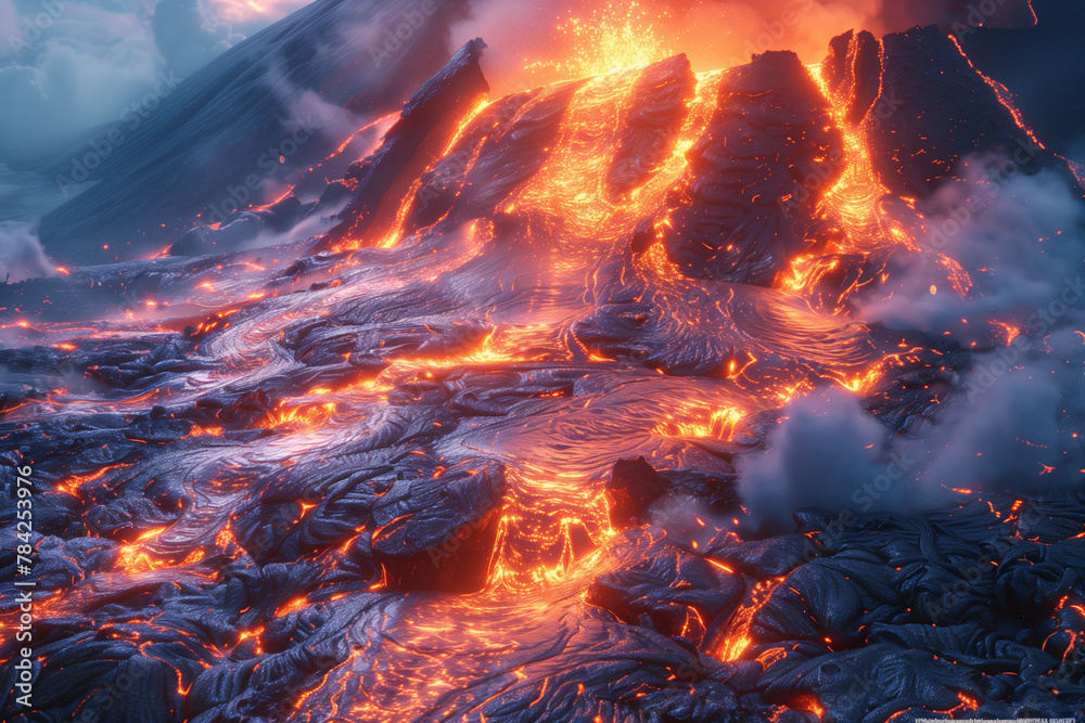 Active volcano erupting with fiery lava natural wallpaper background