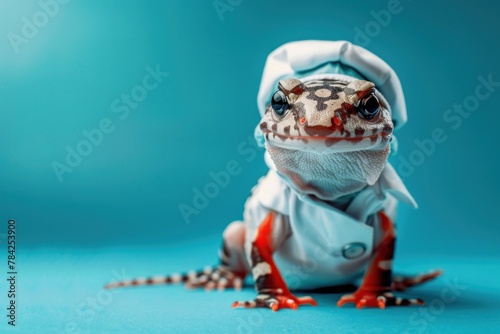 A salamander with vibrant patterns, wearing a white doctor's coat and a surgical mask, positioned on a teal background. photo