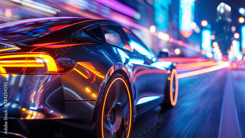 futuristic electric vehicle speeding on road with urban night light  photo