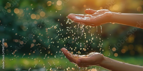 In-depth over a woman's hand as water drops and plunges over a backdrop of fuzzy lovely nature water problem and space, Generative AI. photo