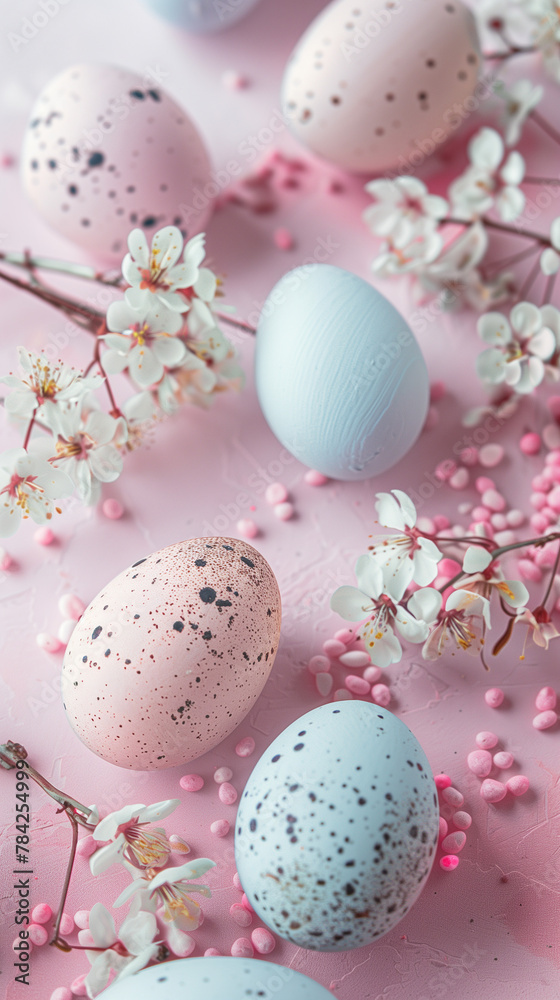 Festive Easter card capturing a beautiful arrangement of speckled eggs in soft pastel tones on a pink surface. The eggs are intricately detailed, with textures that simulate natural bird eggs