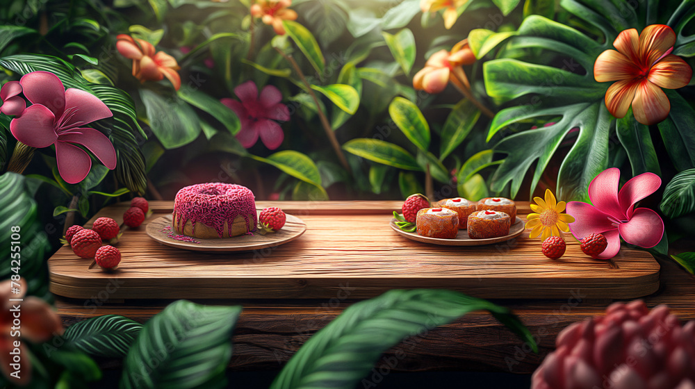 a mockup wooden table with empty podium for place product, a plate of cakes, a background of bright bamboo leafs and Sakura surrounding, 