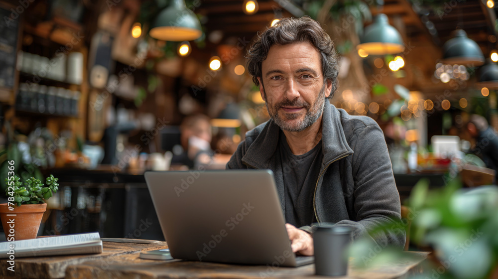 Mann benutzt Laptop in einem Café Mann benutzt Laptop in einem Café
