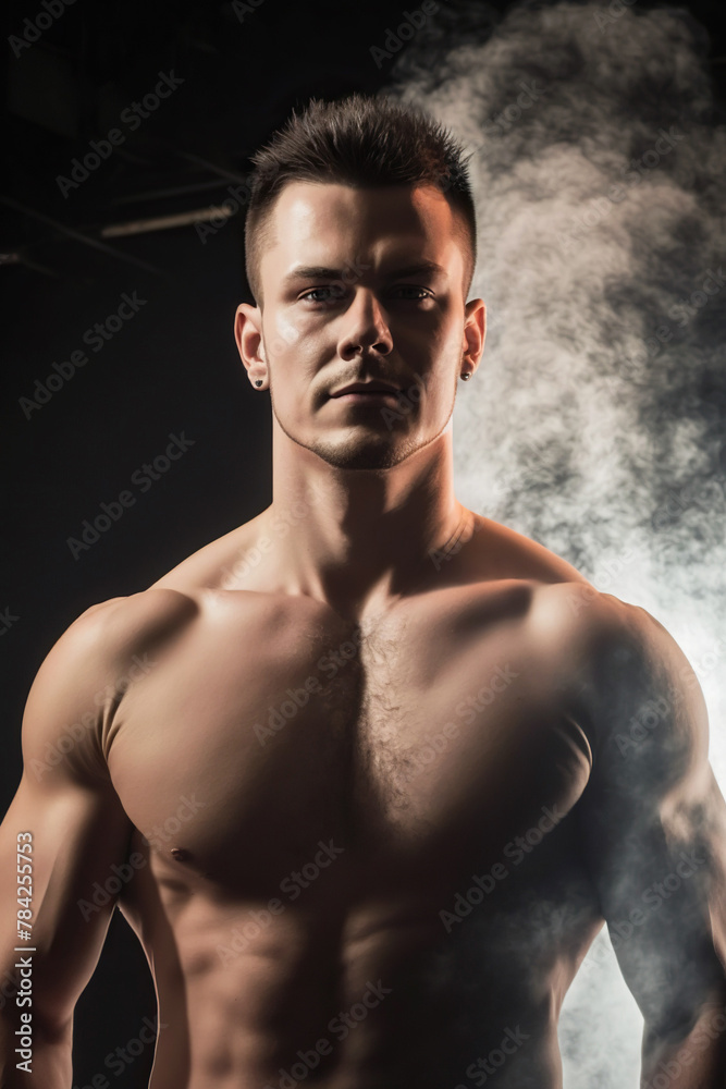 Fototapeta premium muscular white man bodybuilder athlete shirtless in gym