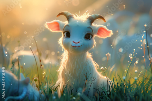 Tiny cute adorable white goat, intricate details. Cartoon big eyed close up portrait. Soft cinematic lighting, animation style character, anime style
