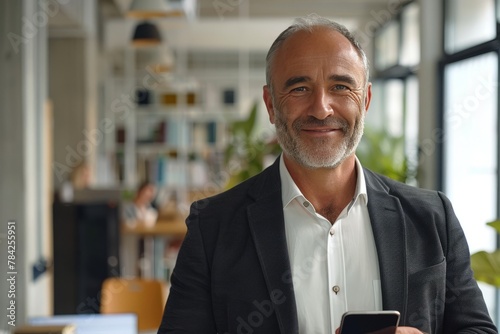 Confident mature businessman smiling with smartphone in modern office