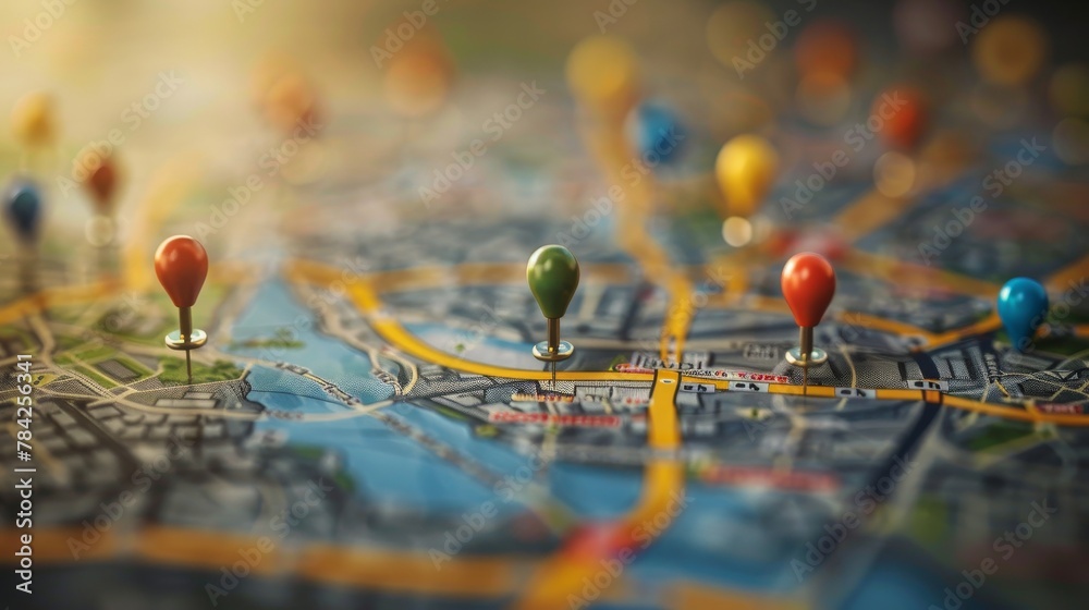 Business Location: A 3D vector illustration of a map with pins marking the locations Business Location: A 3D vector illustration of a map with pins marking the locations