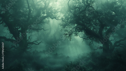 dreamy forest shrouded in mist