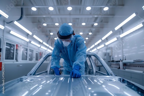 A professional automotive worker in full protective gear applies paint to the hood of a car in a modern auto repair shop. photo