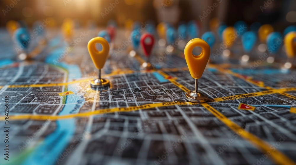 Customer Mapping: A 3D vector illustration of a map with pins representing customer locations