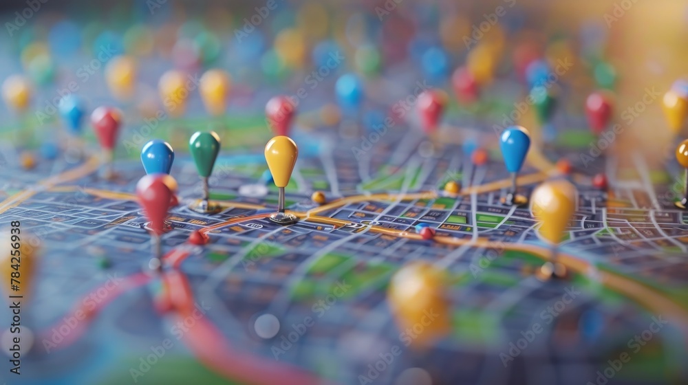 Customer Mapping: A 3D vector illustration of a map with pins for customer mapping Customer Mapping: A 3D vector illustration of a map with pins for customer mapping