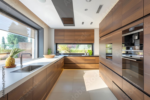 Minimalist Modern Kitchen  Brown Cabinets  White Countertop  Large Window with Scenic View