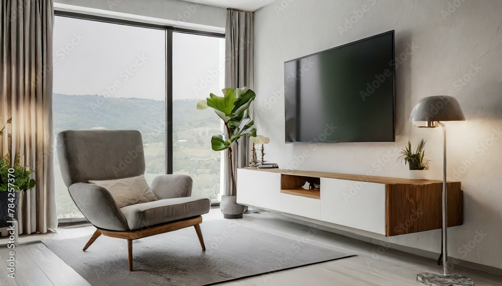 Sleek Entertainment Hub: Visualizing a Wall-Mounted TV and Cozy Armchair Ensemble in a Minimalist Living Room Sleek Entertainment Hub: Visualizing a Wall-Mounted TV and Cozy Armchair Ensemble in a Minimalist Living Room