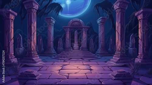 ancient ruin under a mystical moonlit night, with stone pillars and an archway evoking mystery and allure