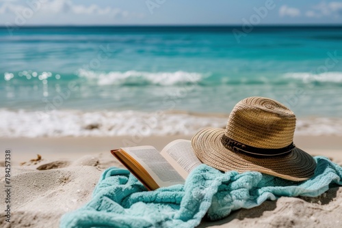 A tranquil beach scene with an open book, straw hat, and turquoise towel on the sand, facing the ocean.