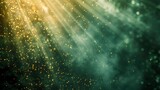 A mystical image of golden particles floating with light rays piercing through a green