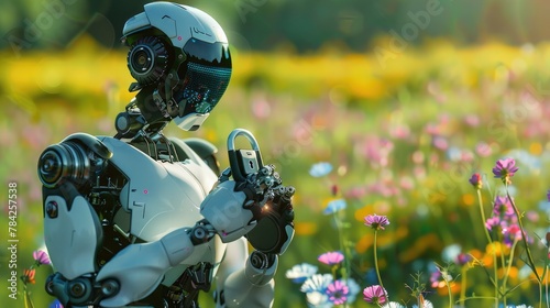 Cyber security images, A high-tech, futuristic, robot is holding a lock in both its hands, spring background, color flowers and blurred background #784257538