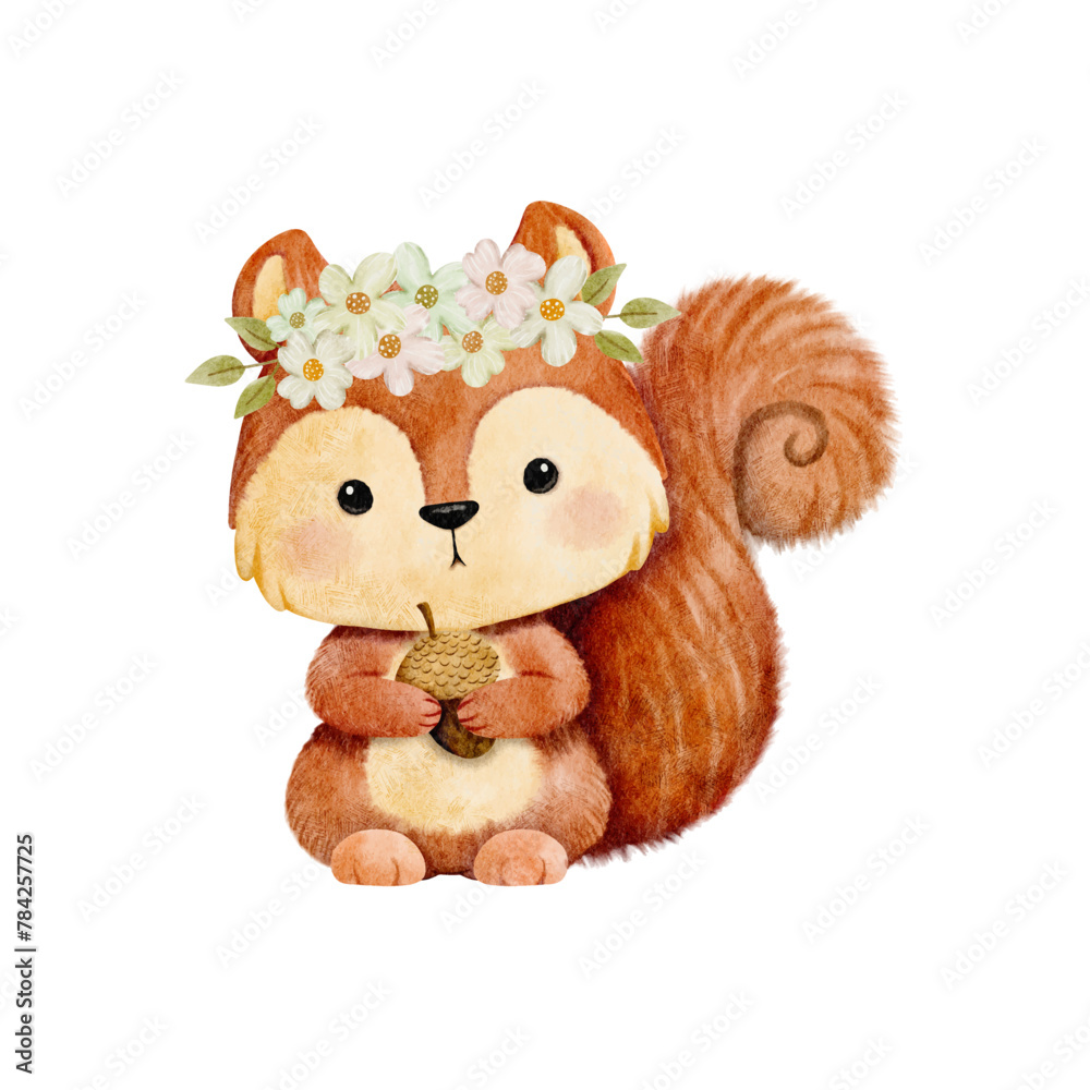 Fototapeta premium Vector cartoon watercolor of woodland animal with Squirrel wearing flower crown for Baby Nursery Decor