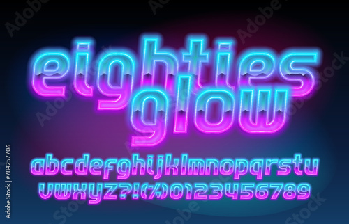 Eighties glow alphabet font. lowercase neon letters and numbers. Stock vector typescript for your design.
