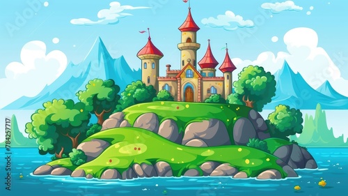 whimsical castle atop a green hill, surrounded by serene waters and mountains under a clear blue sky
