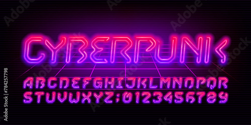 Cyberpunk alphabet font. Neon color futuristic letters and numbers. Stock vector typescript for your design.