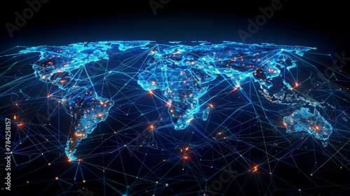 Global Connectivity: A 3D vector illustration of a world map with lines connecting cities and continent photo