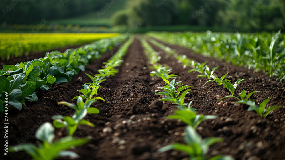 Young farm plant seedlings in rows during planting season. Young farm plant seedlings in rows during planting season.