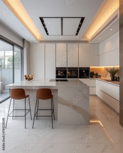 Luxury Minimalist White Kitchen with Marble Island and Contemporary Bar Stools