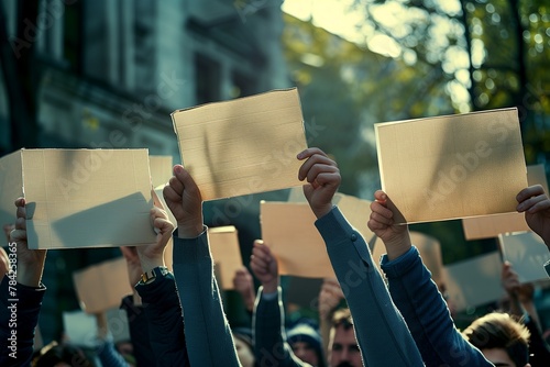 Super Realistic and Elegantly Composed Image of a Peaceful Labour Day March, Hands Holding Placards with Messages of Solidarity, Shot in Ultra High Definition photo
