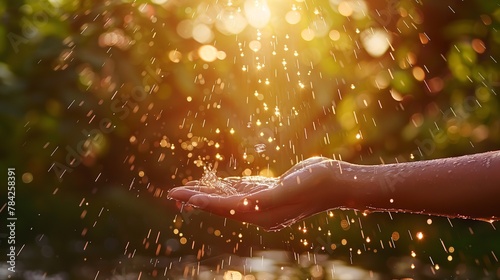 In-depth over a woman's hand as water drops and plunges over a backdrop of fuzzy lovely nature water problem and space, Generative AI. photo